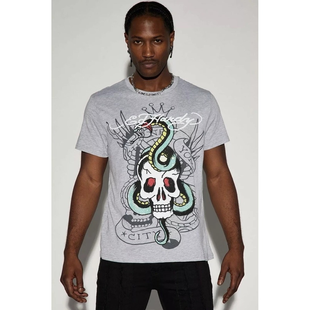 Ed Hardy Mens Skull and Snake Graphic T-Shirt Gray Rhinestone EHMD1100-99RS‎ L